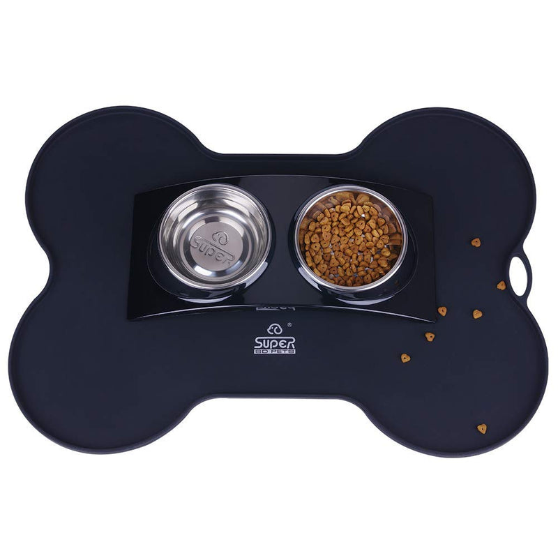 [Australia] - Super Design Silicone Waterproof Placemat - Bone Shaped Pet Feeding Mat, Silicone Raised Lip Non Spill Dog Cat Bowl Mat Black/Bone Shaped 