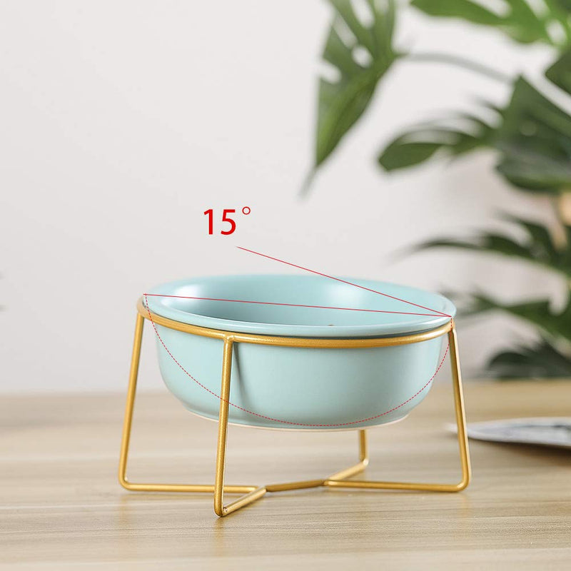 HCHLQLZ Blue Small Ceramic Tilted Elevated Cat Dog Bowl Raised Cat Food Water Bowl Dish Pet Comfort Feeding Bowls with Gold iron stand - PawsPlanet Australia