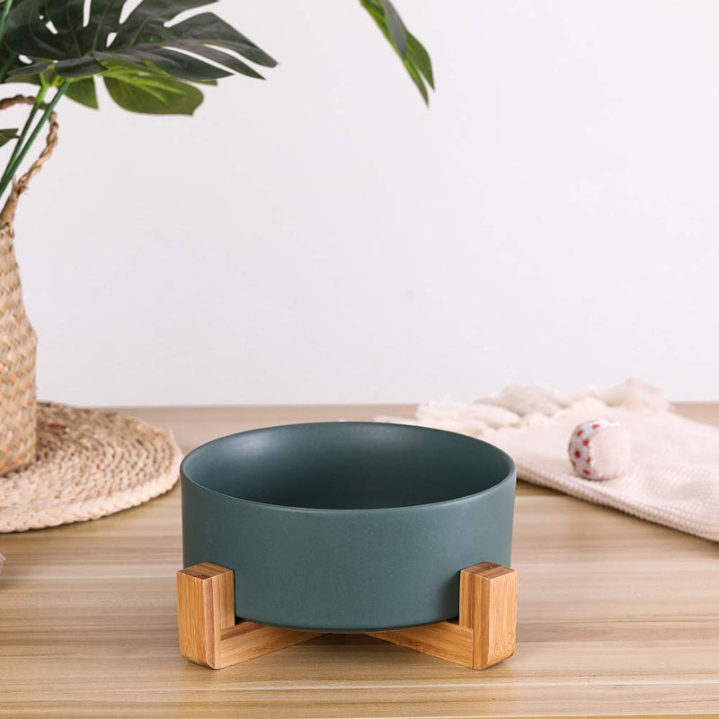 Green Ceramic Dog Bowls with Wood Stand, Dog Water Bowls and Food Dish, Heavy Weighted or No Tip Over Dog Comfort Food Bowls, Stoneware Pet Bowl,Extra High Capacity 8.4" Diameter, for Large Dogs Green - PawsPlanet Australia