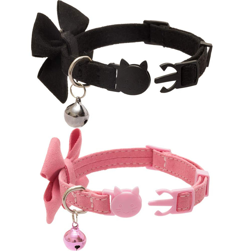 [Australia] - BINGPET Cat Collar Breakaway with Bell Bowtie, Adjustable Safety Buckle,Velvet Rhinestone Diamond, 2 Pack, Pink&Black 