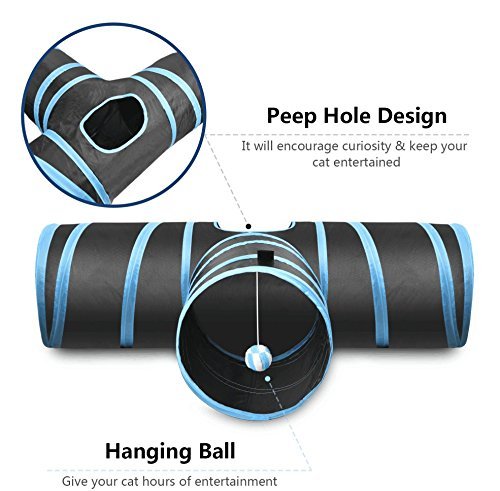 Creaker 3 Way Cat Tunnel, Collapsible Pet Toy Tunnel Ball Cat, Puppy, Kitty, Kitten, Rabbit Blue - PawsPlanet Australia