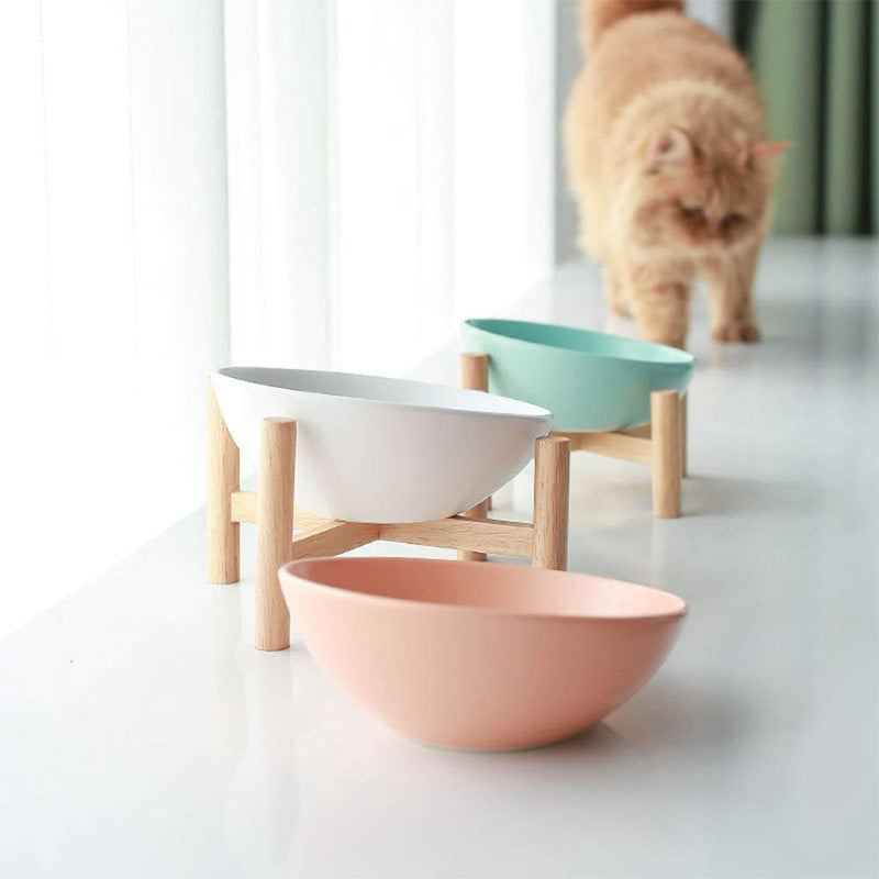 HCHLQLZ White Ceramic Tilted Elevated Raised Pet Bowl with Wood Stand for Cats and Dogs No Spill Pet Food Water Feeder Small - PawsPlanet Australia