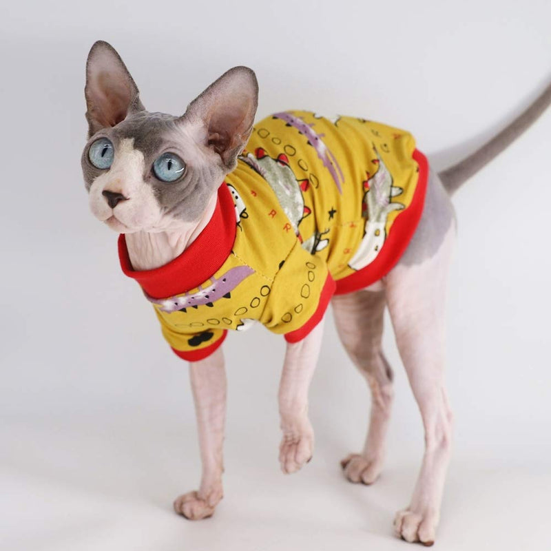 [Australia] - Sphynx Hairless Cat Cute Breathable Summer Cotton T-Shirts Pet Clothes,Round Collar Kitten Shirts, Cats & Small Dogs Apparel S (3.3-4.4 lbs) Dinosaur 
