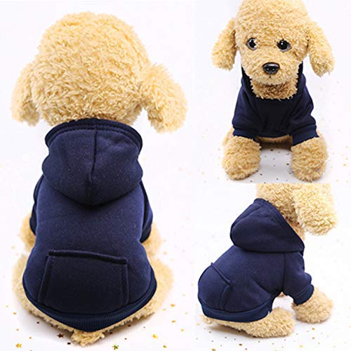 Idepet Dog Cat Hoodie Pet Warm Autumn Winter Coat Solid Color Cotton Dog Clothes with Pocket Outdoor Pullover Dog Jumpsuit for Small Dogs Puppy Teddy Poodle Chihuahua XS Blue - PawsPlanet Australia