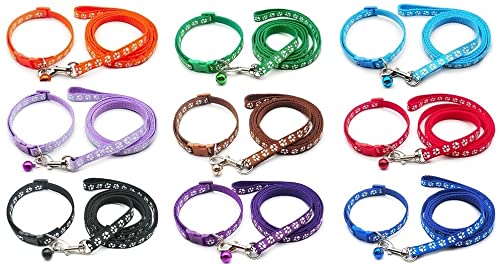 Doggie Style Store Small Dog Puppy Pet Cat Kitten Collar and Lead Set Pawprint Colours Nylon with Bell Adjustable Quick Release Clip Buckle Leash Black - PawsPlanet Australia