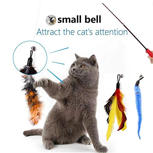 Eguoer [ 11PCS ] Retractable Cat Feather Toy Set, 1PCS Retractable Cat Wand Toys and 10PCS Replacement Teaser with Bell Refills, Cat Toys for Indoor Cats - PawsPlanet Australia