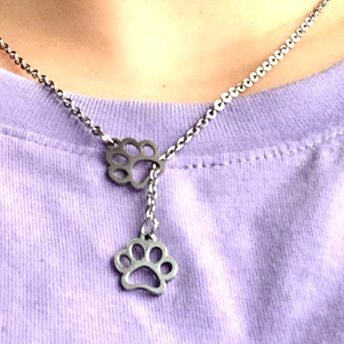 [Australia] - Eiffy Double Puppy Dog Paw Footprint Lariat Y Necklace for Women Heart Cat Pet Lover's Jewelry Silver 