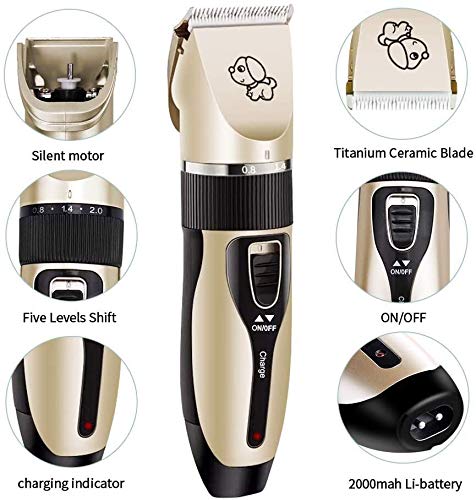 LDREAMAM Dog Clippers, Low Noise Rechargeable Cordless, Pet Clippers Grooming Kit with Stainless Steel Nail Clippers Rub Grooming Comb for Cats Dogs Gold - PawsPlanet Australia