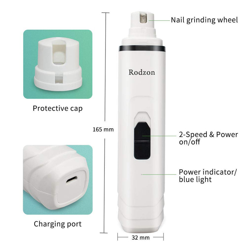 Rodzon Dog Nail Grinder, Professional 2-Speed Electric Rechargeable Pet Nail Trimmer 3 Ports Quiet Painless Paws Grooming Smoothing for Small Medium Large Dogs & Cats & Pets - PawsPlanet Australia