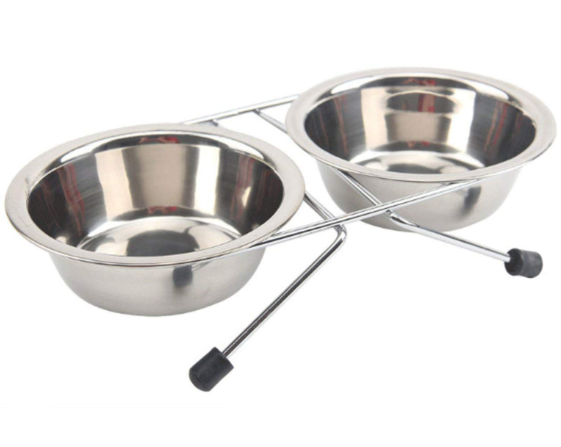 [Australia] - Gozier Double Diner Pet Bowls Cups, Stainless Steel Food Water Bowls Bunny Feeder Coop Cups with Non Slip Feeding Station for Dogs Cats Rabbit Bird Medium Large Animals in Crate Cage M 