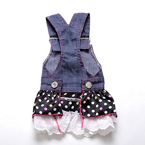 SMALLLEE_LUCKY_STORE Small Dog Dress Female Denim Overalls Vest Dots Print Lace Skirt Tiered Heart Shaped Pet Clothes XS Blue - PawsPlanet Australia