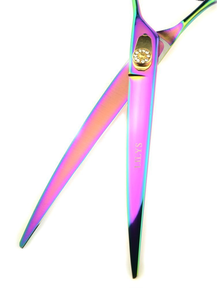 [Australia] - LILYS PET HIGH-END Series 8-Inch Japan 440C Rainbow Color Pet Grooming Two-Way Curved Scissor,Delicate Gold Screw with Drilling 