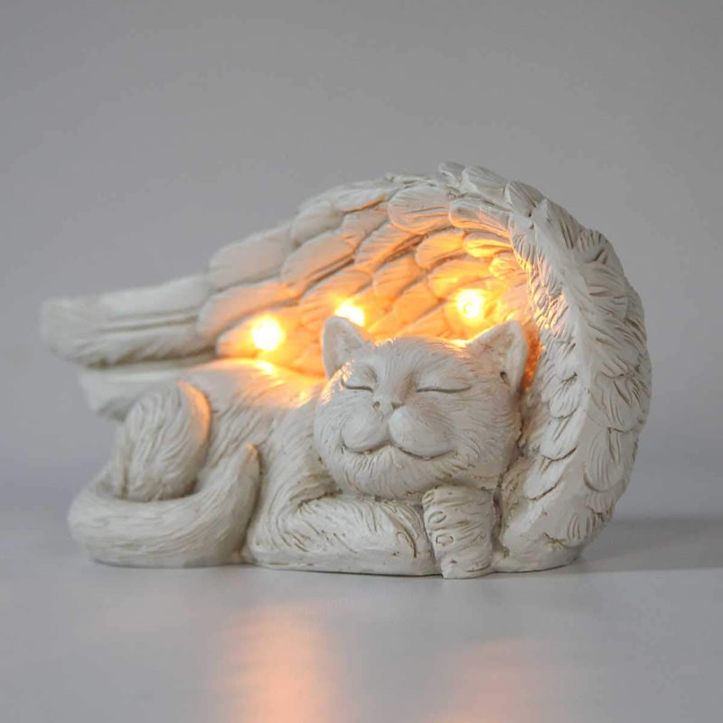 Tastefully and lovingly designed memorial stone with solar-powered LED lighting - including batteries, integrated solar panels and twilight switch, from Festive Lights (angel wings with cat) angel wings with cat - PawsPlanet Australia