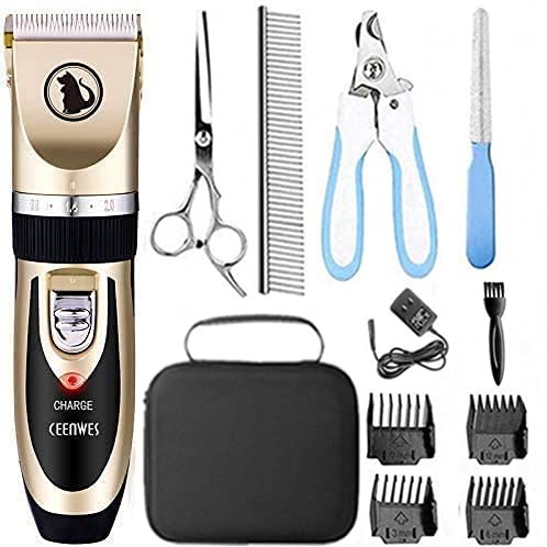Ceenwes Dog Clippers Low Noise Pet Clippers Rechargeable Dog Trimmer Cordless Pet Grooming Tool Professional Dog Hair Trimmer with Comb Guides Scissors Nail Kits for Dogs Cats & Other(Gold) Gold - PawsPlanet Australia