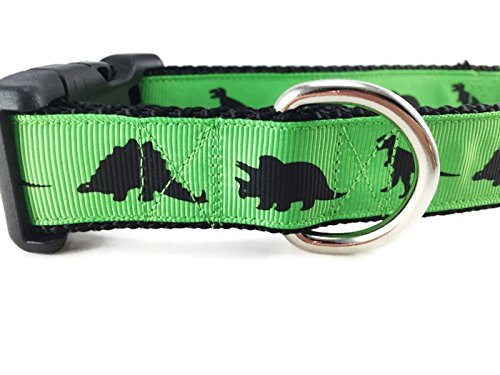 [Australia] - CANINEDESIGN QUALITY DOG COLLARS Dinosaur Dog Collar, Caninedesign, Green, T-Rex, Stegosaurus, Triceratops, 1 inch Wide, Adjustable, Nylon, Medium and Large Medium 13-19" 