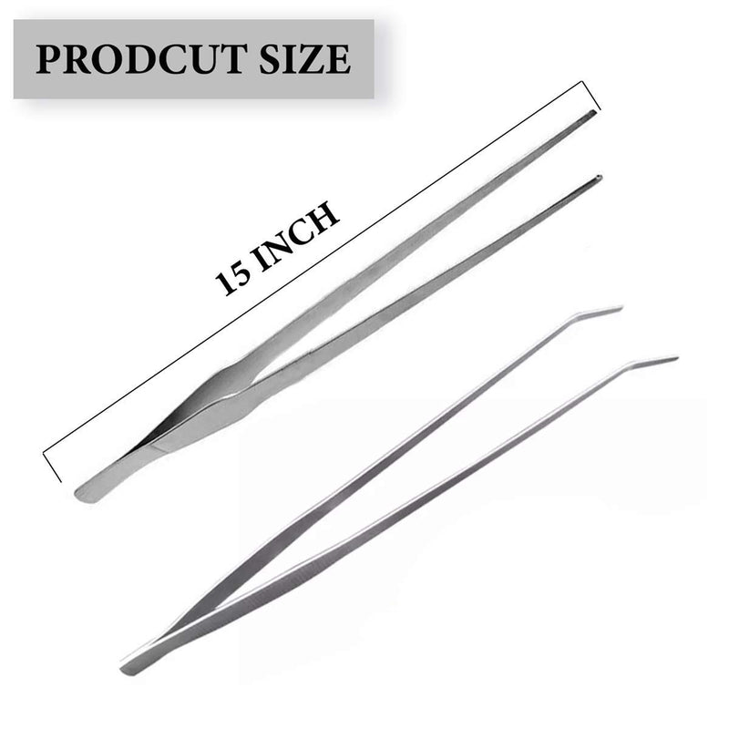 [Australia] - Tomato Palace 15” Aquarium Long Tweezers Stainless Steel Straight and Curved Tweezers Long Tongs for Fish Tank, Snake, Lizard and More Reptile Feeding (2 PCS) 