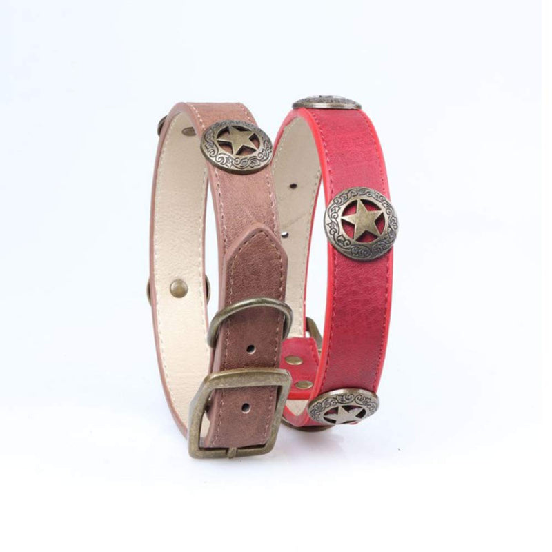 [Australia] - PU Leather Dog Collar Five-Star  Shield Pet Collar Durable Adjustable Collar for Medium Large Dogs Red 