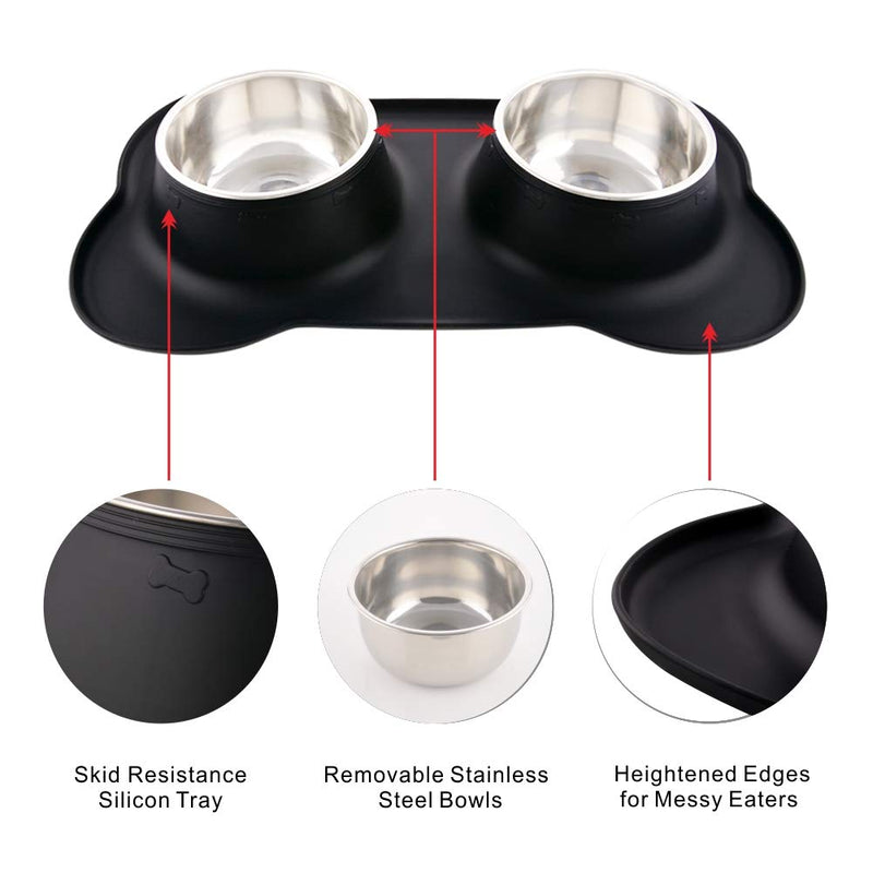 [Australia] - Guardians Dog Bowls with Mat, Stainless Steel Dog Food Bowls, No Spill Non-Skid Silicone Mat Pet Feeder Bowl for Medium Animals L(26.5oz+26.5oz) Black 