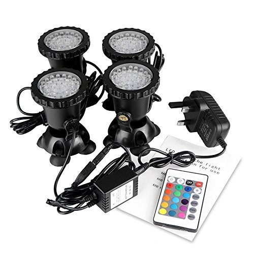 COVVY Waterproof Underwater Spot Lights Multicolour RGB Aquarium Lights with Remote Control for Garden Pond Fish Tank Swimming Pool,UK Plug (Set of 4 Lights) Set of 4 Lights - PawsPlanet Australia