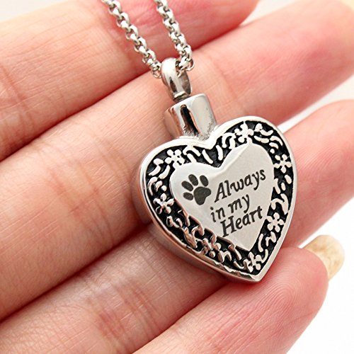 [Australia] - Zahara Pet Memorial Urn Necklace (20 Inches) with Velvet Pouch & Fill Kit | Always in My Heart Paw Pendant and Chain (Nickel Free) 