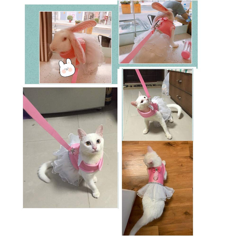 [Australia] - CheeseandU Dog Cat Spring Summer Mesh Vest Harness with Pet Summer Hat Set Pet Cute Walking Harness with Bowtie and White Lace Short Skirt Pearls Decor Match Leash for Small Dog Cat Rabbit, Pink L 