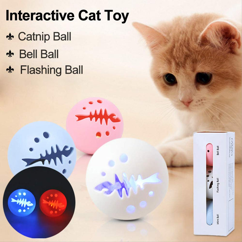 [Australia] - 3 Pack Pet Cat Ball Toys, Interactive Cat Toy, Cat Toys Balls with Flash Light Ball, Catnip Ball, Interactive Kitten Exercise Bell Ball, Blue, Pink & White Complete Gift Set Party Bundle 