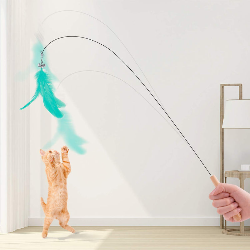 ICWIN Cat Wand Toy, Interactive Cat Toy with Sticky Super Suction Cup Detachable 12 PCS Feather Replacements 2 Wand Cat Spring Feather Toys for Indoor Cats Kitten Toys 1 wand + 7 repalcements - PawsPlanet Australia