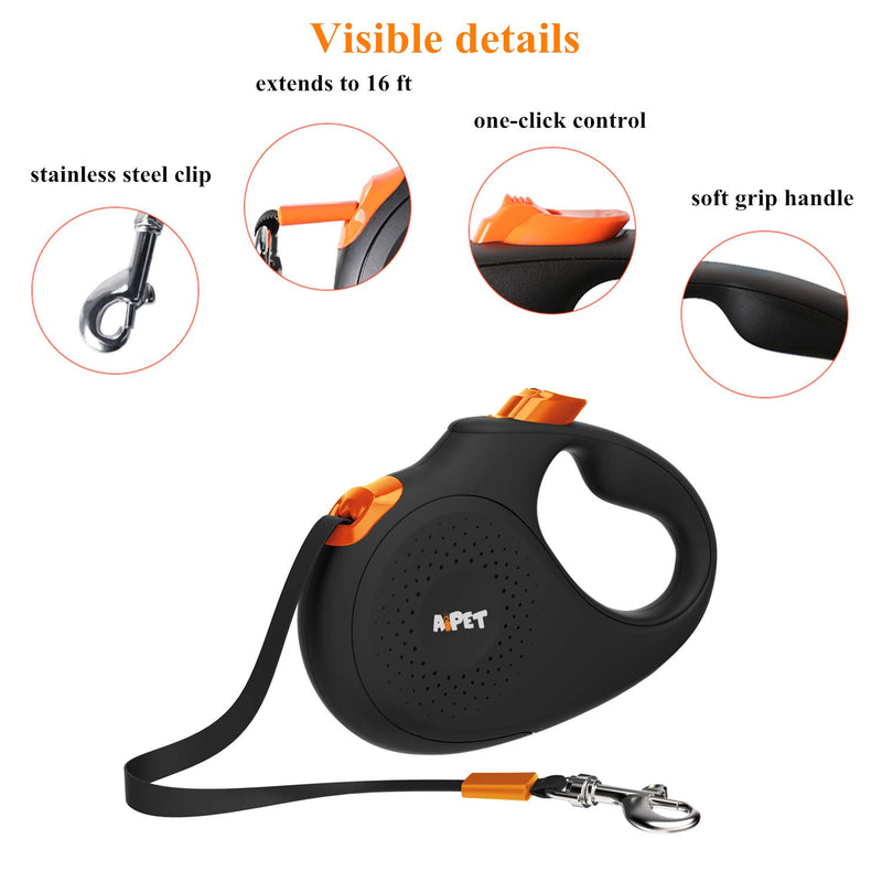 [Australia] - AIPET Retractable Dog Leash, 360° Tangle-Free Pet Leash, Anti-Slip Handle One-Handed Brake/Pause/Lock 16ft Nylon Leash for Small/Medium/Large Dogs Retractable Heavy Pet Leash Large Black 