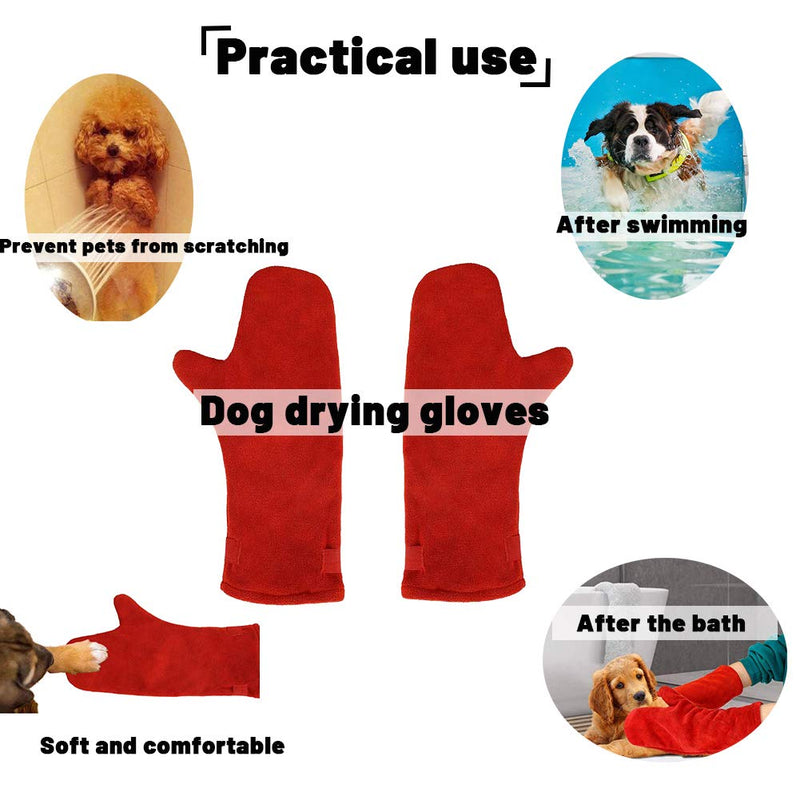 YANGWX Dog Drying Mitts, Drying Dog Towel Glove Microfiber Material Absorb Moisture and Dry Pet Quickly, Dog Drying Glove Towel Great for Drying Dog or Cat Fur After Bath- Pack of 2-Red - PawsPlanet Australia