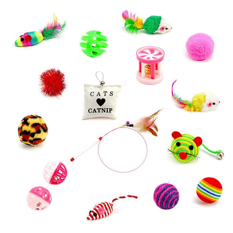 Amasawa Cat Toy Set,16 Piece Cat Toys Indoor Catnip Toy Cat Ball Cat Feather Stick Interactive Cat Toy Indoor Suit Cat, Wrinkle Rainbow Ball and Bell Indoor Puppy Toy - PawsPlanet Australia