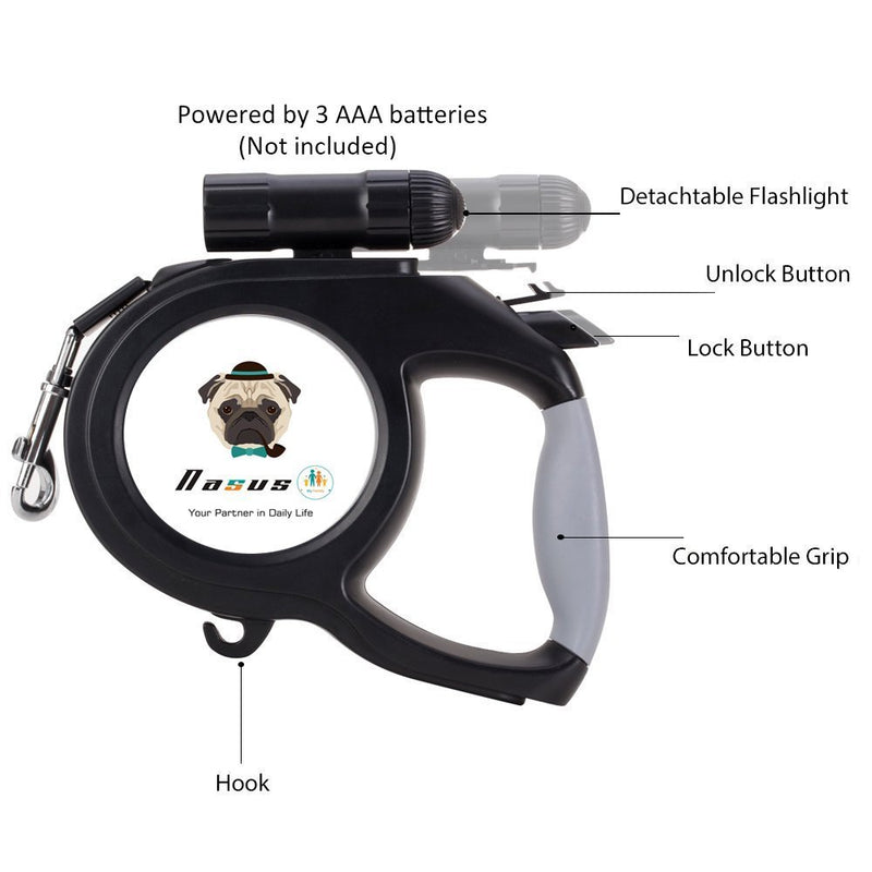 [Australia] - Nasus Retractable Dog Leash, 26ft Pet Walking Leash with 9 LED Detachable Flashlight for Medium Large Dog up to 100lbs, with Hand Grip One Button Brake & Lock and Hook A-Black 