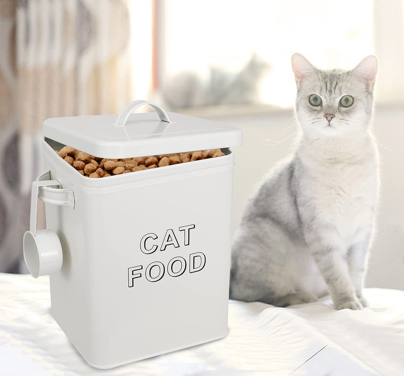 Pethiy Cat Food and Treats Containers Set with Scoop for Cats or Dogs -Tight Fitting Wood Lids - Coated Carbon Steel - Storage Canister Tins-Cat-White White - PawsPlanet Australia