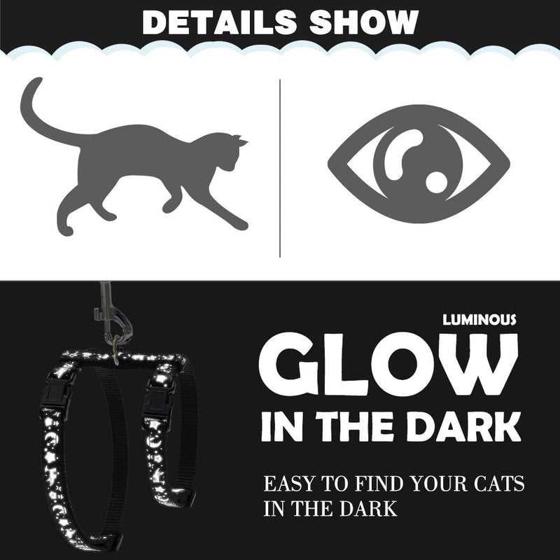 Cat Harness with Leash and Collar Set - Escape Proof Adjustable H-shped Cat Harness with Star and Moon Pattern Glow in The Dark for Kitty Outdoor Walking Black - PawsPlanet Australia