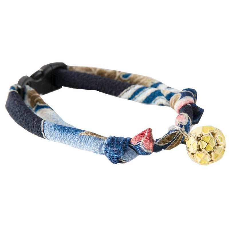 Necoichi Chirimen Cat Collar with Clover Bell, Handcrafted in Japan, 1 Size fits All Navy - PawsPlanet Australia