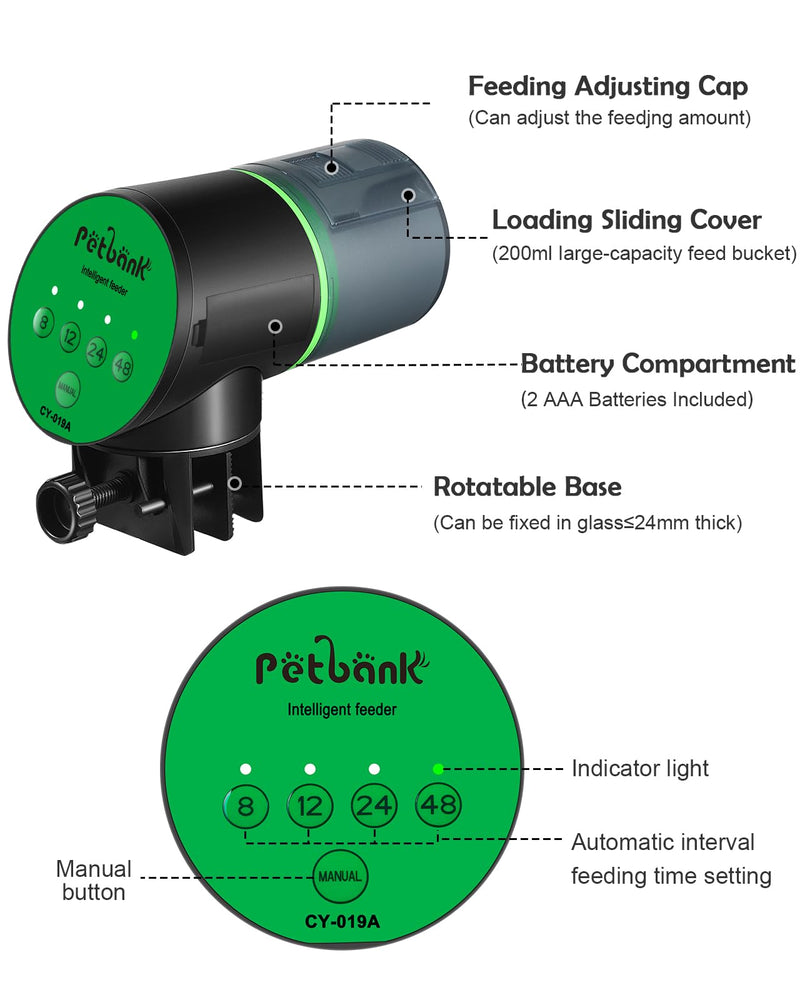 Petbank Automatic Fish Feeder for Aquarium - Auto Fish Food Dispenser Battery Operated Vacation Timer Fish Feeder Automatic Dispenser with 2 AAA Batteries Included CY-019A - PawsPlanet Australia