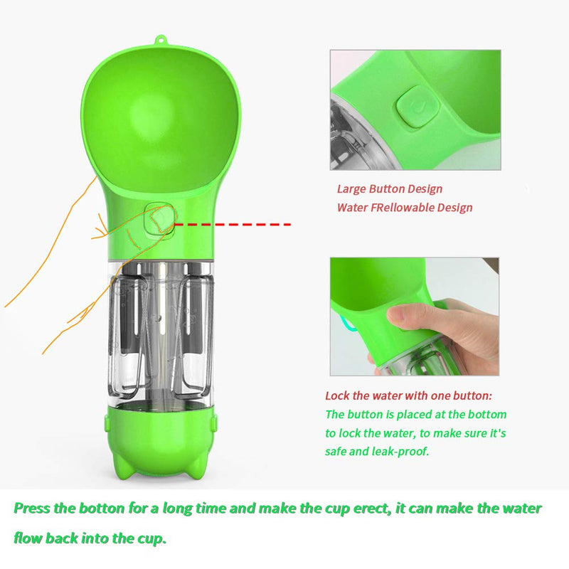 300ml Dog Water Bottle Upgrade Pet Multi-function  Portable Water Feeder Container Dispenser with Poop Shovel and Carbage Collection Bag,for Dog Cat Pet Outdoor Walking Travelling Drinking (Green) Green - PawsPlanet Australia