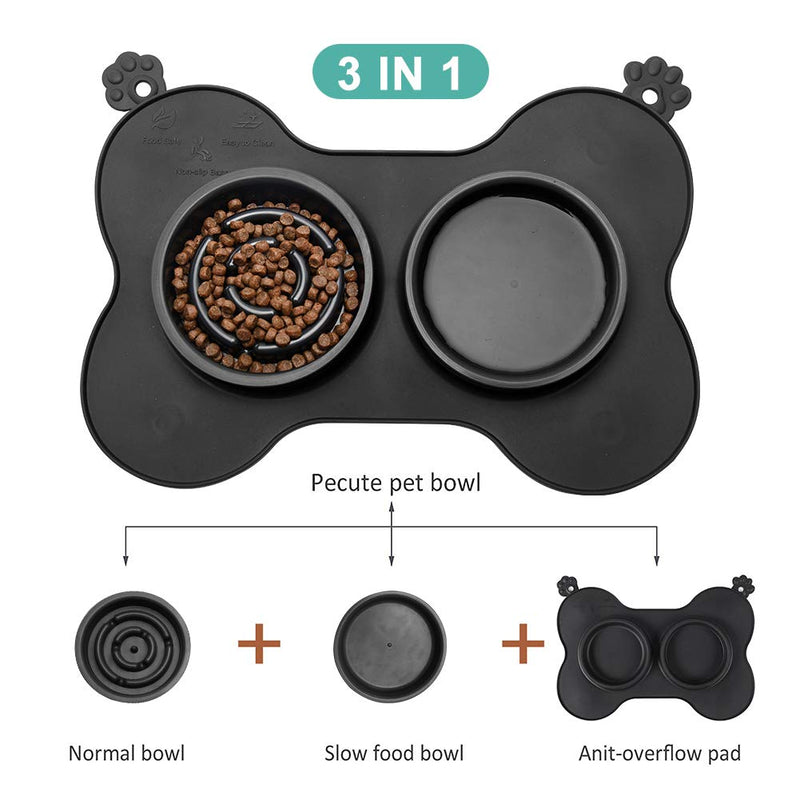 Slow Eating Dog Bowl, 3 in 1 Pet Slow Feeder and Water Bowl with Non-Spill Silicone Tray Bone Shape Non-Slip Mat, Dog Bowl for Small Medium Large Dogs and Cats l black - PawsPlanet Australia