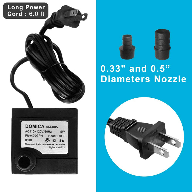 DOMICA 90 GPH Mini Submersible Pump, Small Fountain Pump (5W 350L/H) for Water Feature, Aquariums, Fish Tank, Tabletop Fountain, Pet Fountain, Indoor or Outdoor Pond Fountain - PawsPlanet Australia