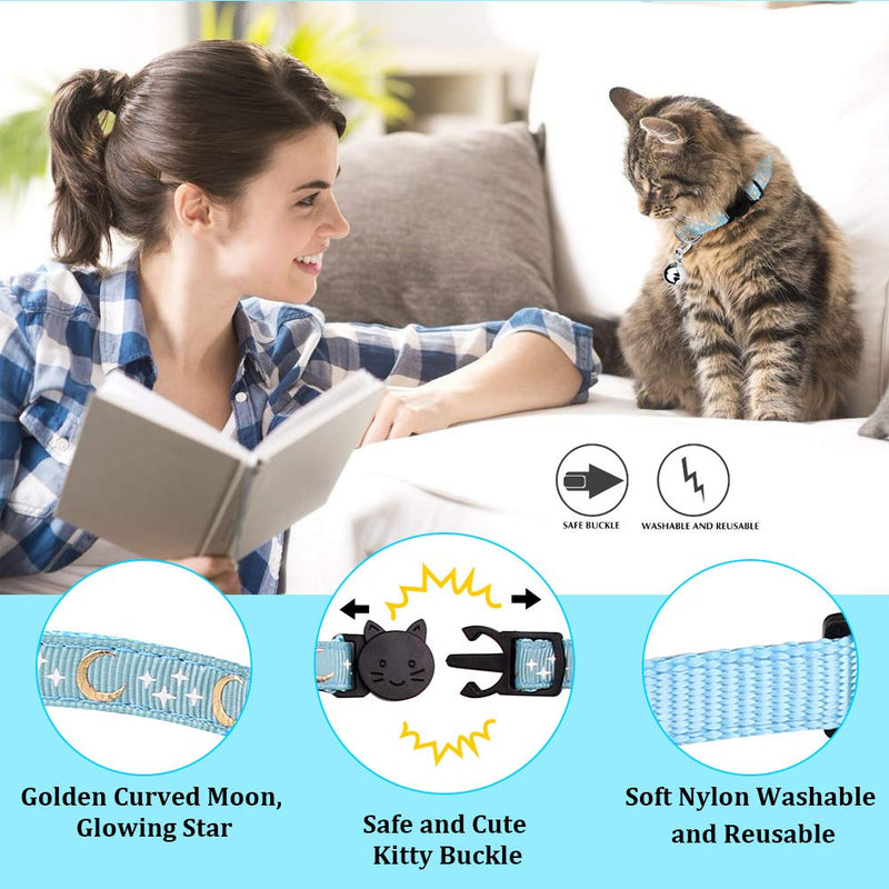 [Australia] - 6 PCS Breakaway Cat Collars with Bell Golden Moon Glowing Star in The Dark for Kitten 