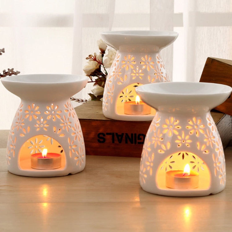 Ceramic Tealight Candle Holder White Essential Oil Burner with Candle Spoon, Incense Aroma Diffuser Furnace Candle Holder for Home Decoration/Christmas Decor/Housewarming Gift(Romantic Flower Pattern) - PawsPlanet Australia