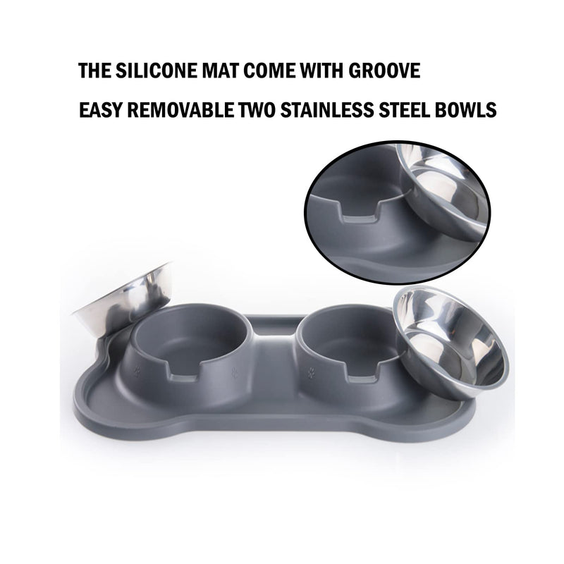 YOKA Newest Dog Bowls, Cat Bowl - Non Slip Stainless Steel Double Bowls with Non-Spill Silicone Mats Tray with Groove for Cats Dogs Puppies Food Water Feeding (M 14oz /400ml Each Bowl, Gray) - PawsPlanet Australia