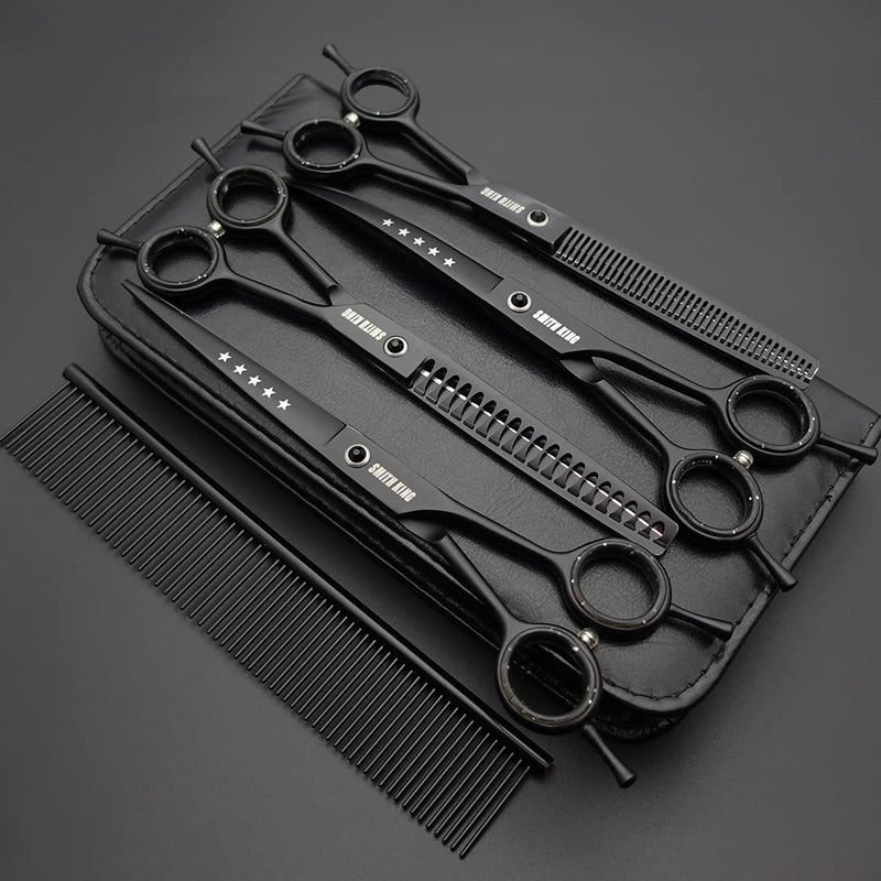 7.0 Inch Professional Dog Grooming Scissors Set Straight & Thinning & Curved & Chunker & Comb 5 Pieces in 1 Set for Left Handed & Right Handed Black - PawsPlanet Australia