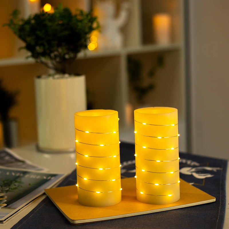 Flameless Candles Battery Operated BeMoment String of White Led Lights Wrapped Around Real Wax Pillar Candles with Remote and Timer Pack of 2 (3"×6") - PawsPlanet Australia