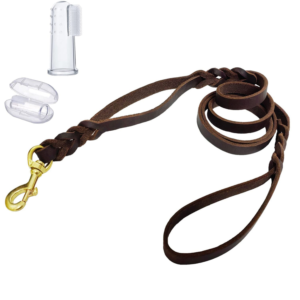 LWBMG Double Handle Leather Dog Leash 6 Foot - Heavy Duty Dog Leash with Traffic Handle - Braided Leather Lead for Small Medium Large Dogs Brown - PawsPlanet Australia