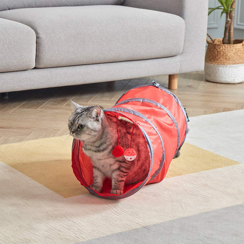 SunStyle Home Cat Tunnels for Indoor Cats 2/3 Way Play Toy Kitty Tunnel Peek Hole Toy with Ball for Cat Tube Fun for Rabbits Kittens and Dogs 2 Way 2pcs（Red and Grey） - PawsPlanet Australia