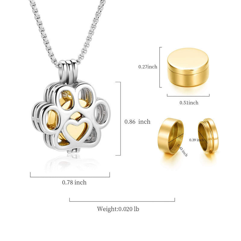 Pet Cremation Jewelry For Ashes For Dog/Cat Paw Stainless Steel Memorial Locket Urn Necklace Inside Mini Case Keepsake Cremation Jewelry Women Men Silver With Gold - PawsPlanet Australia