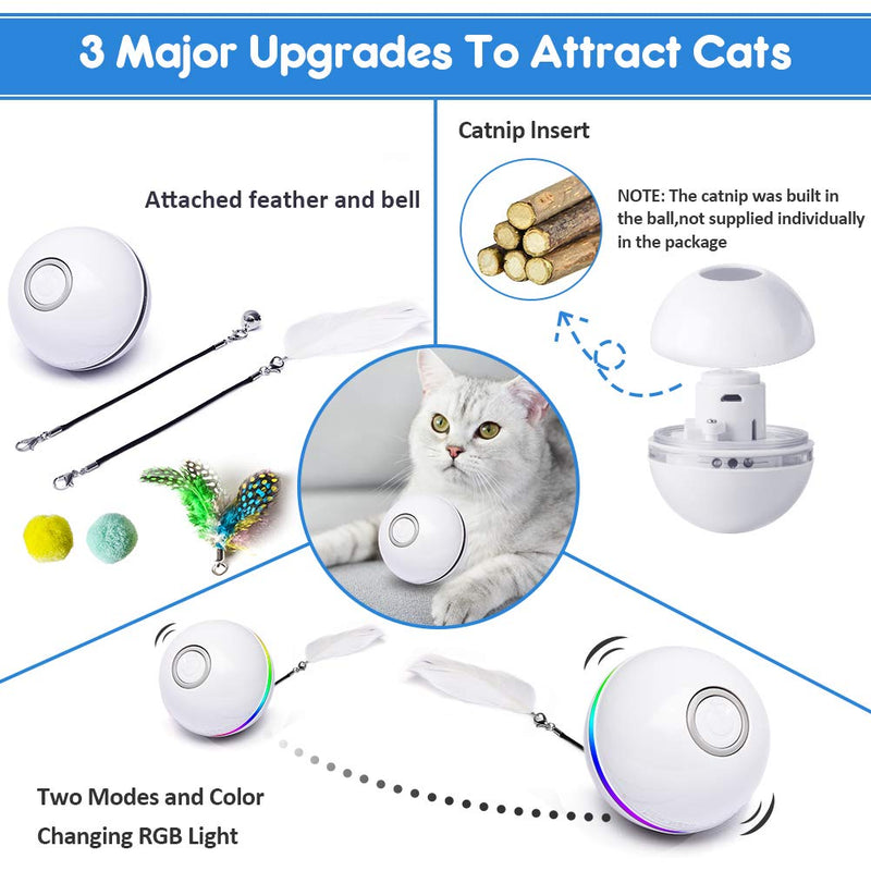 Fairwin Cat Toys for Indoor Cats, Interactive Cat Toy Ball with LED Light and Catnip Toys for Cats Kitten Funny Chaser Roller Auto 360 Degree Self-Rotating & USB Rechargeable White - PawsPlanet Australia