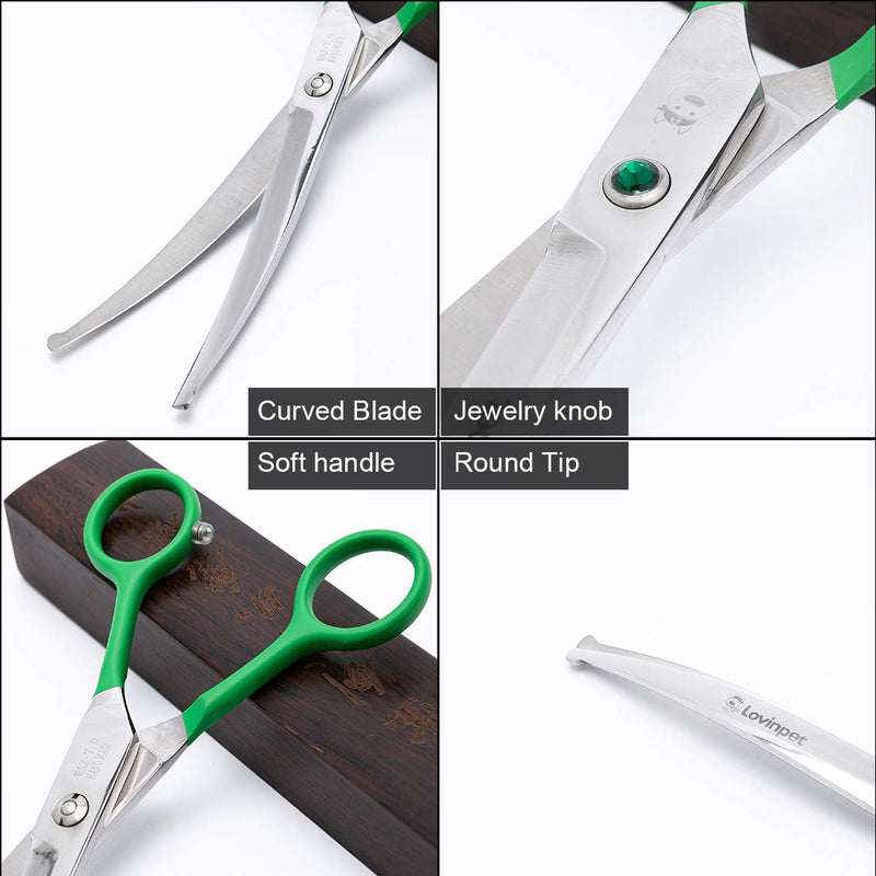 LovinPet Pet 7" Curved Scissor Right/Left-Handed Pet Round-Tip Grooming Stainless Steel Safety Trimming Shears for Dogs and Cats (Easy use Curved Scissor) Green - PawsPlanet Australia