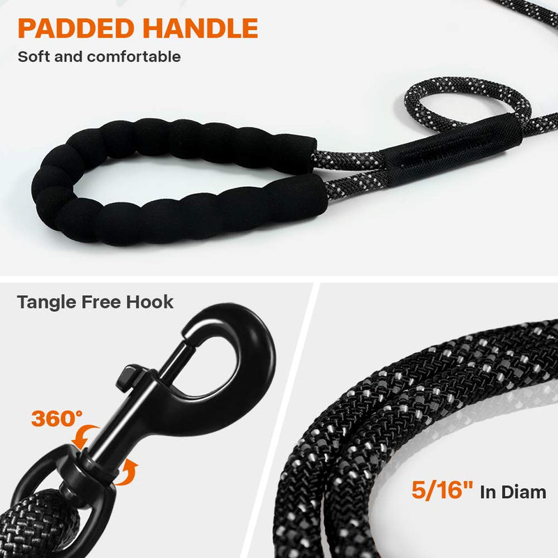 [Australia] - Taglory Dog Check Cord/Tie Out, Long Rope Leash for Dog Training, 15/30/50/66 FT Reflective Heavy Duty Lead for Large Medium Small Dogs Walking, Camping or Backyard, Black/Orange 15ft - Diam 5/16"- 1 Hook 