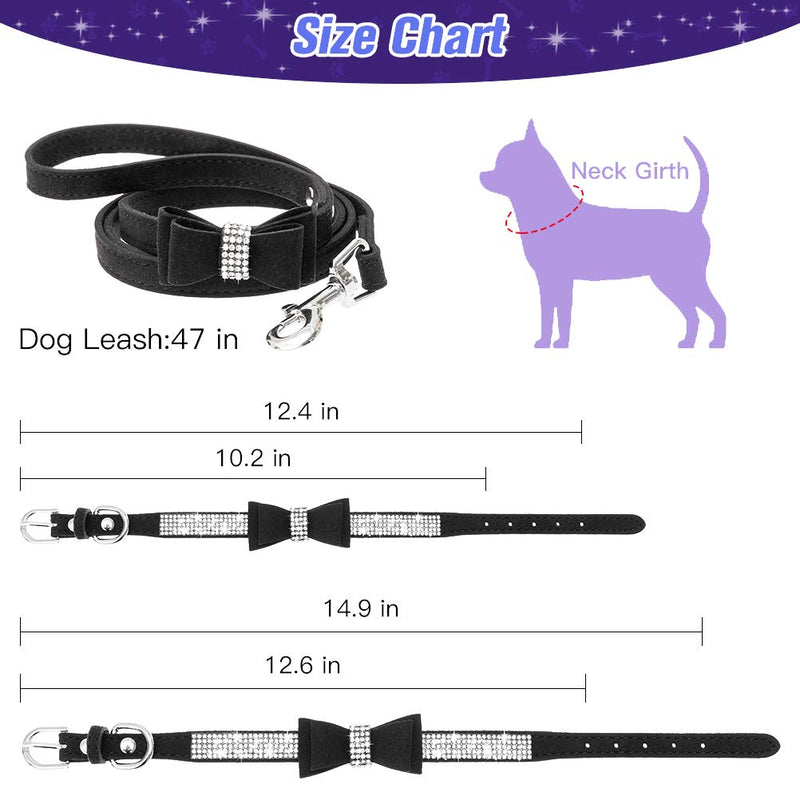 [Australia] - EXPAWLORER Bling Dog Collar with Leash Set for Dogs & Cats, Sparkling Rhinestone Bow Tie Collar and 4 Feet Leash, Crystal Soft Durable Leather Pet Collar for Daily and Party Show S (Neck:10.2"-12.4", Leash:3.9ft) Black 